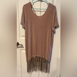 Culture Phit Camel color Oversized Tshirt Midi Fringe Hem Women's Sz S Dress